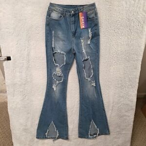 SHEIN Women's Size 26 Blue Distressed Flare Jeans Bell Bottom High Waist
